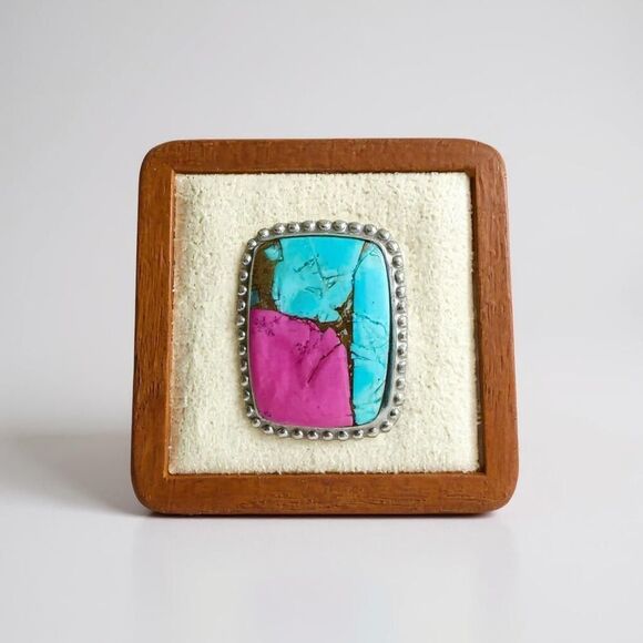Unique Cotton Candy Turquoise Rectangular Ring Adjustable Sterling Silver Framed - Picture 1 of 7